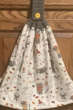 Double hanging kitchen towel Fall cats crocheted gray top