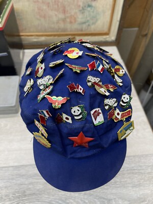 Mao Zedong Communist Party Cap with Chinese Communist/Cultural Pins Authentic
