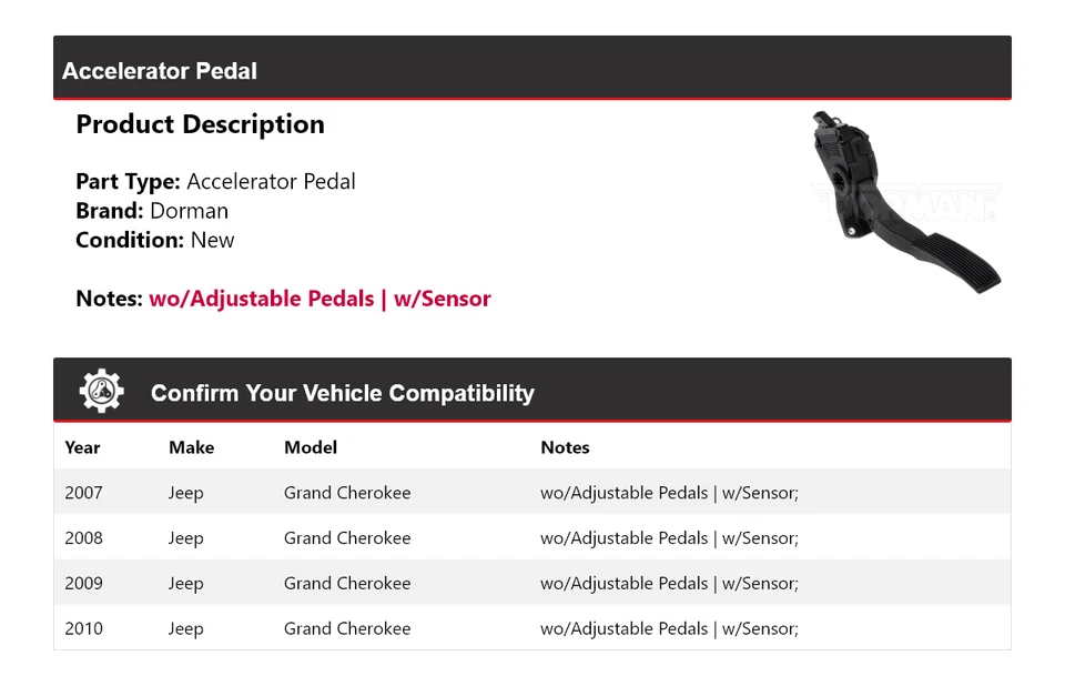 Pedal acelerador 2008 2009 para Jeep Grand Cherokee Dorman 2007-2010 Foto 2 de 4