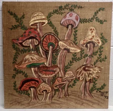 K. Mooney Original 1973 Outsider Art Psychedelic Mushroom Painting on Burlap