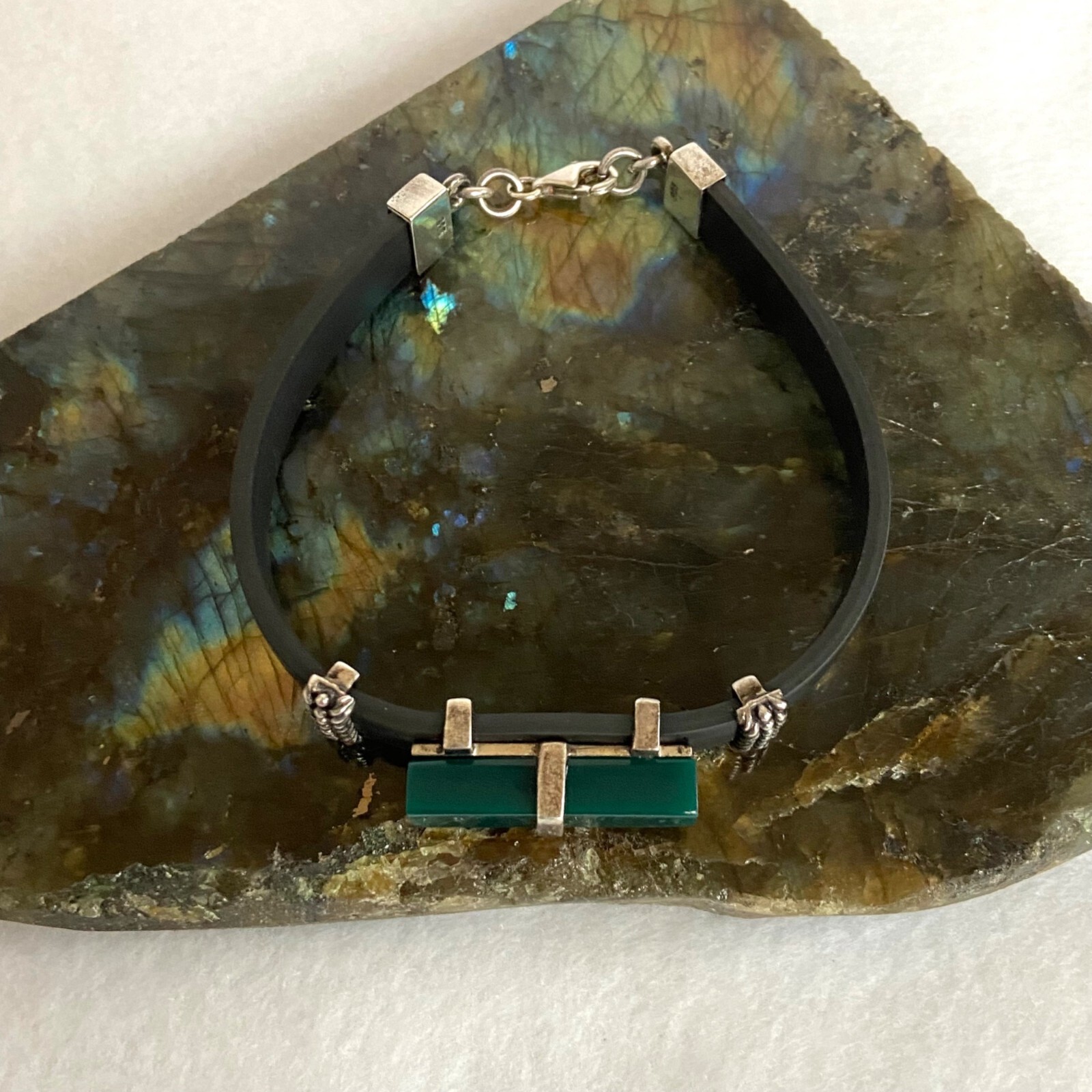 Sterling Silver 925 Rectangular Green Acrylic Bla… - image 18