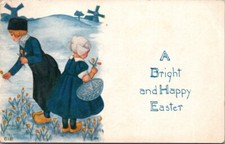 Antique Postcard Bright and Happy Easter Dutch Boy Girl WindMill FA Owen Co 1915