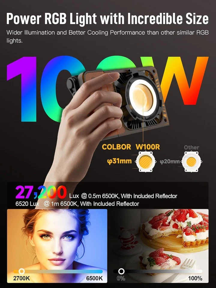 COLBOR W100R RGB LED Studio Light 100W 2700-6500K COB Continuous Output Lighting - Image 4 of 4