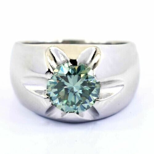 Men's Ring 5 ct Blue Diamond Solitaire In Sterling Silver, Excellent Luster