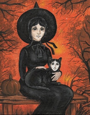 11x14 Spooky buddies Ryta print of painting Halloween folk art black cat ghost farm barn landscape haunted vintage style moon fall pumpkin