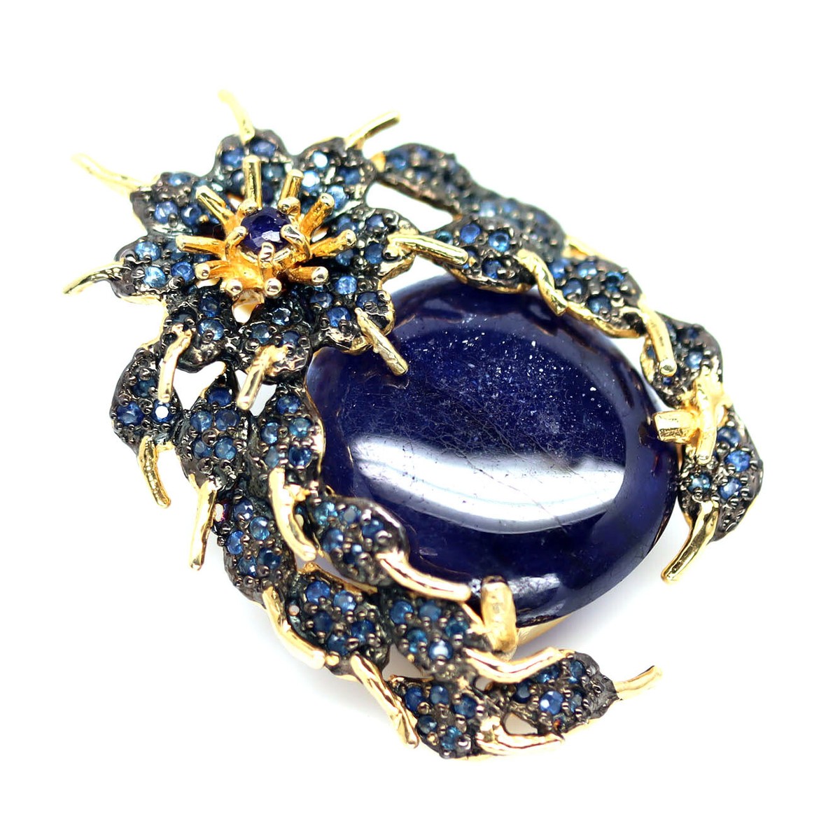 925 Sterling Silver 22 x 23 MM. Blue Sapphire Two Tone Brooch