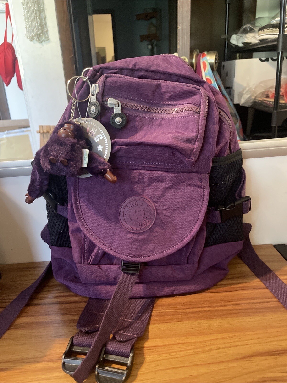 Kipling Queenie Small Backpack Bag Purse Nylon Plum NWT/Monkey Keychain