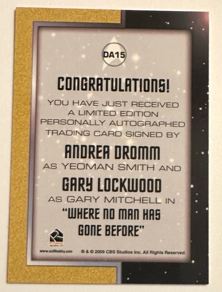 STAR TREK : ANDREA DROMM/GARY LOCKWOOD YEOMAN SMITH/MITCHELL DUAL AUTO CARD DA15 - Image 2 of 2