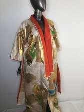 Japanese Kimono CEREMONIAL Vintage Authentic White Gold Silk Kimono With Birds .