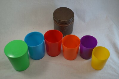 Vintage unbranded color-coded plastic tumbler/cup set with a leather case