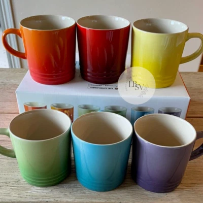 Le Creuset Stoneware Rainbow Multicolor Set of 6 12 oz London Coffee Mugs NEW