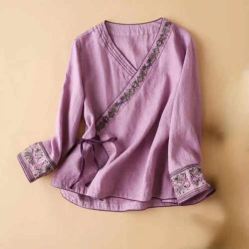 Damen Blumen bestickt Top Ethno Retro Shirt V-Ausschnitt Hanfu Cardigan Shirt Gr. - Bild 8 von 11