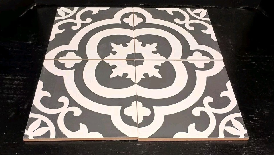 Set Of 4 Italian Black and White 8" X 8" Ceramic Mural Tiles Backsplash