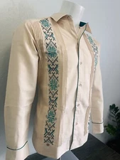 Men's Mexican Guayabera Shirt Beige Long Sleeve + Mint Green Embroidery
