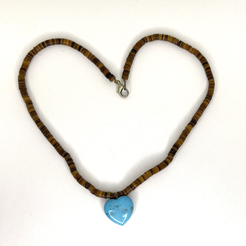 Vintage Turquoise Heart Pendant Necklace w Dark Brown Heishi Shells beads 18" - Picture 2 of 8