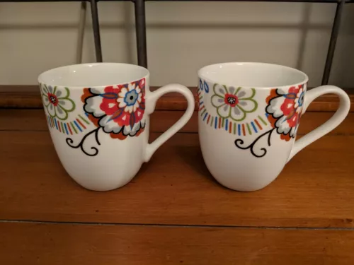 Set of 2 Fitz and Floyd Gourmet Mod Floral Mugs, EUC, Blue/White/Red/Green/Black