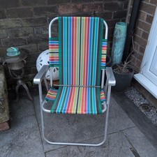 Vintage Aluminum striped Lawn Chair Metal Arm Rests folding VW campervan garden 