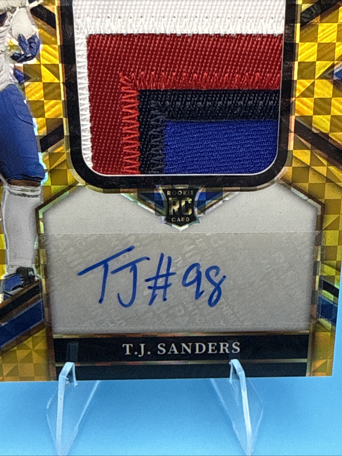 2025 Panini Select T.J. Sanders Jumbo Rookie 4-Color Patch Auto Gold /10 JRS-TSS view 3