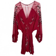 Free People Bonjour Floral Embroidered Long Sleeve Mini Dress Size Small Red