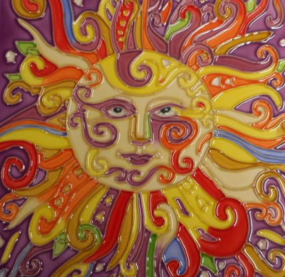 #ad Sun hand painted ceramic art tile 8 x 8 inches with fiberboard back $17.50