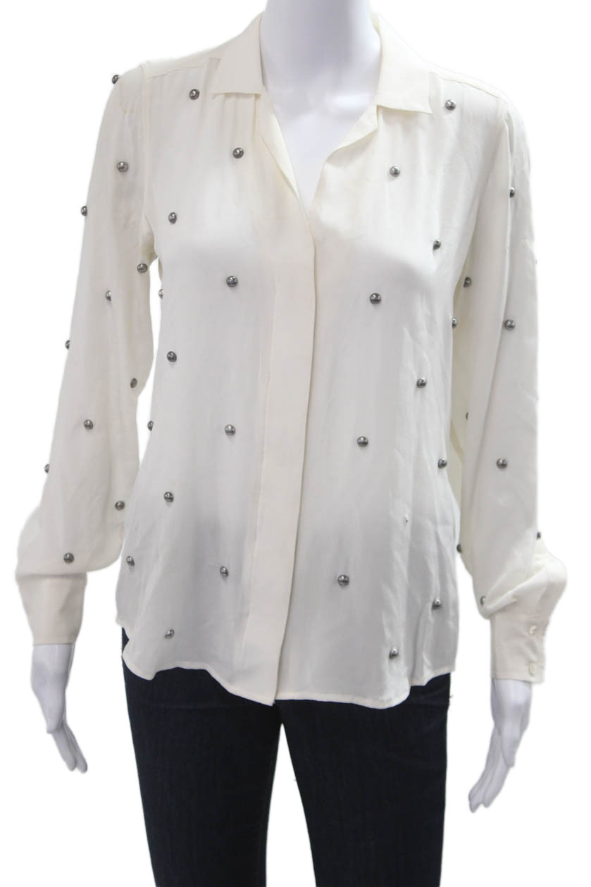 Femme Womens Silk Collared Button-up Blouse White Long Sleev