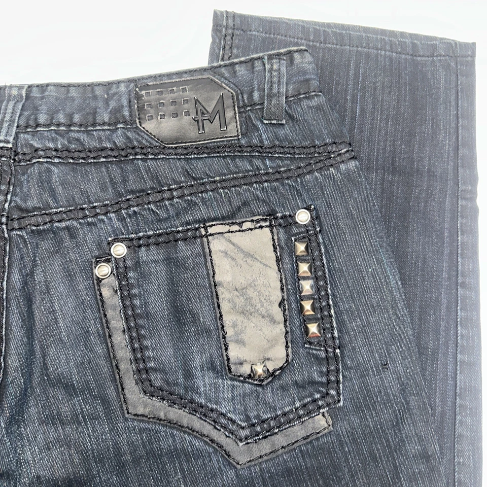 Pantalones de mezclilla para hombre Franky Max 38x32 lavado oscuro rectos tachonados imitación cuero bolsillos Y2K Foto 2 de 4