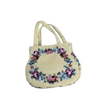Vintage 50s 60s Gold Bag Rose Floral Needlepoint Purse Handbag