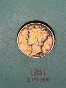 1931-P Silver Mercury Dime, Key Date, Colorful Album Toning