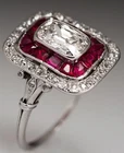 Vintage Lab Created Diamond Ring 14K Gold Over Art Deco Style Ruby Halo Cocktail
