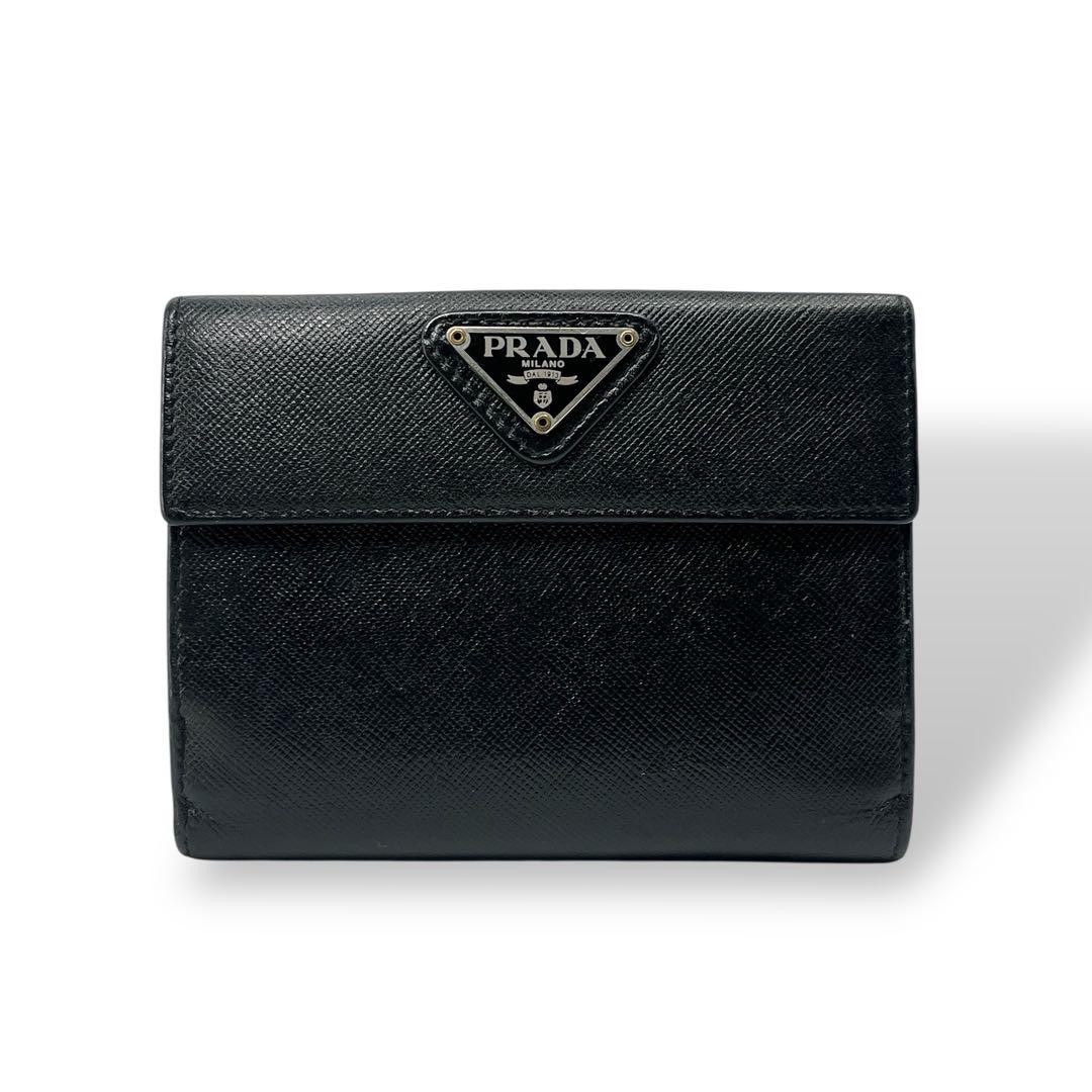 PRADA Compact Wallet Saffiano Triangular Logo Bla… - image 1