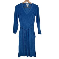 Vintage Sears JR Bazaar Terry Cloth V Neck Midi Dress Blue Size 5 Long Sleeve