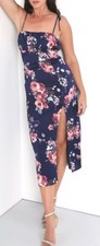 Lulus Fleur-ty Behavior Navy Blue Floral Satin Tie-Strap Midi Dress - Small