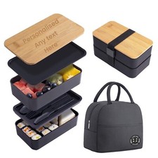 Personalised Lunch Box Two Layer Bento Box Engraved Bamboo Lid Black