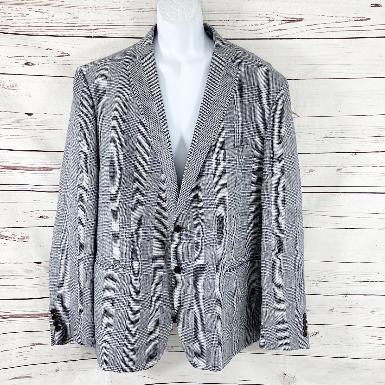 Lauren Ralph Lauren Jacket Mens 52R Blue Blazer 100 Linen Plaid Long
