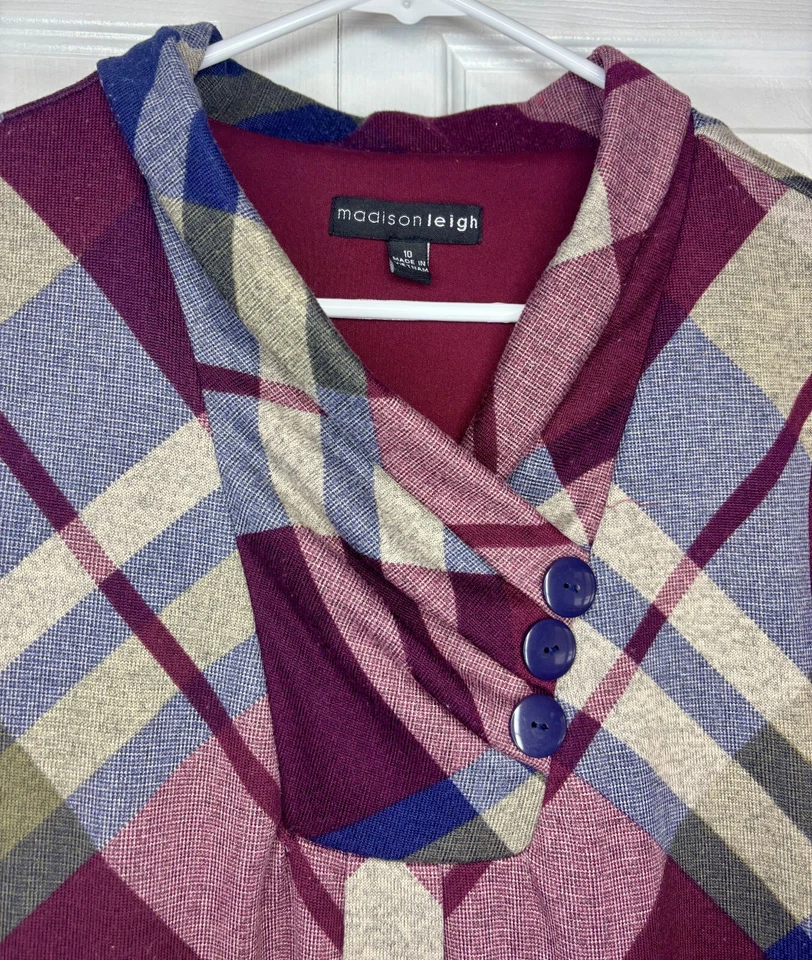 Madison Leigh Shift Dress Women's 10 Multi Plaid Polyester Stretch Short Sleeve - Image 2 of 4