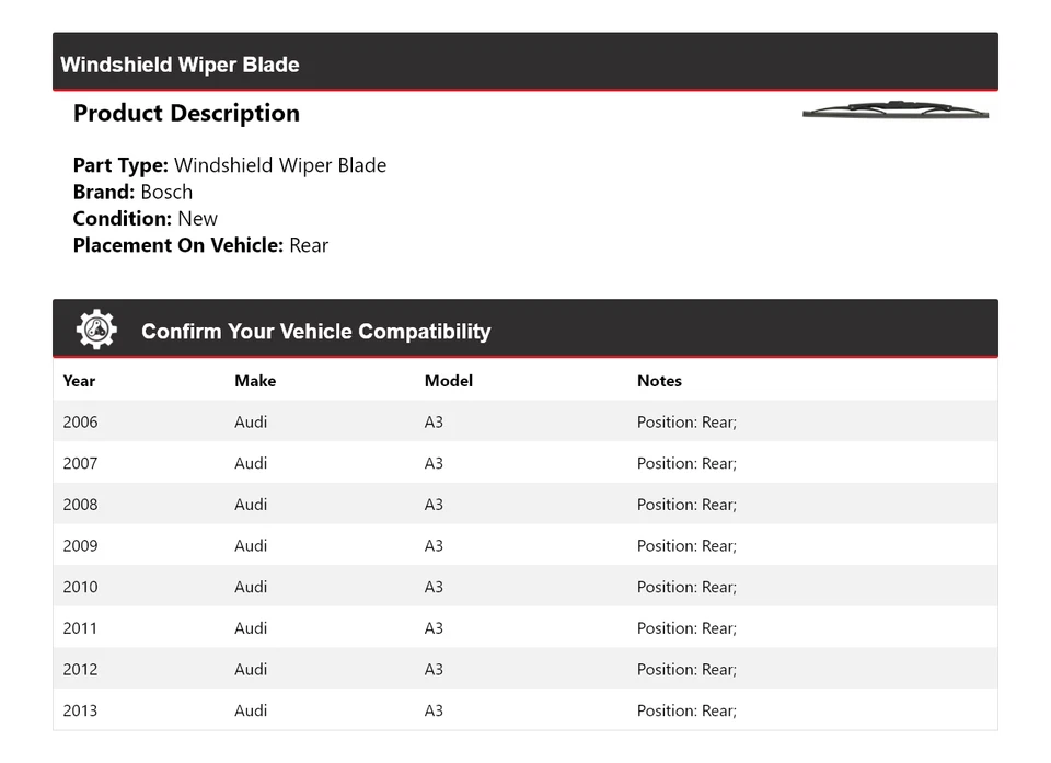For 2006-2013 Audi A3 Bosch Windshield Wiper Blade Rear 2007 2008 2009 2010 2011 - Image 2 of 3