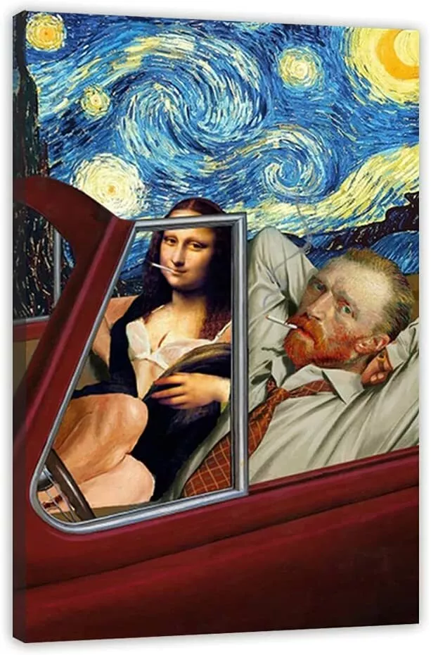 Funny Art Van Gogh and Mona Lisa Driving Canvas Print Wall Art Abstract  Artwork