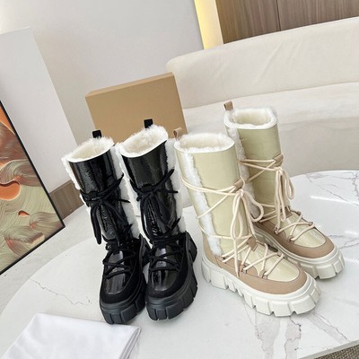 Winterboots INUIKII Women's Leather Strap Wool High Snow Boots