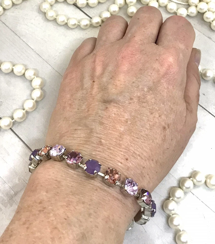 Brazalete Tenis Cadena Copa Ópalo Rosa Púrpura Rubor Chapado en Plata Brillante Foto 4 de 4