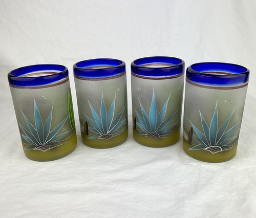 4 Mexican Blown Glass Hand Painted Tumbler Glasses Cobalt Blue Rim Cactus Siesta - Picture 4 of 10