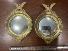 Vintage Pair of Small Gilt Brass American Eagle Crest Convex Mirrors