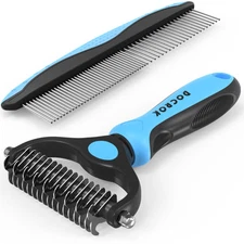 Docrok Pet Grooming Combo - Blue Deshedding Brush with Metal Comb for Detangl...