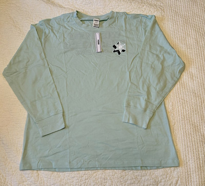 NWT Victoria's Secret PINK Campus Tee Long Sleeve Shirt Mint Green Size Medium
