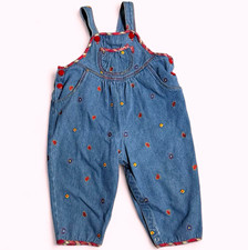 90s Blue Denim Cotton Floral Embroidered Overall One-Piece 12-18M