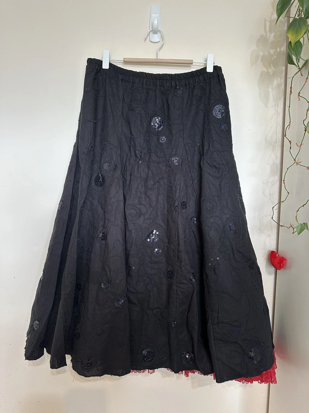 VTG Y2K Linen Beaded Embroidered Midi Skirt Black Cottagecore Whimsigoth L