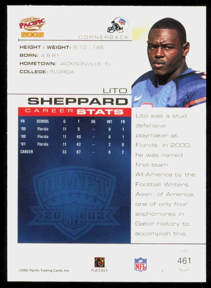 2002 Pacific Lito Sheppard Rookie Florida Gators #461 - Image 2 of 2
