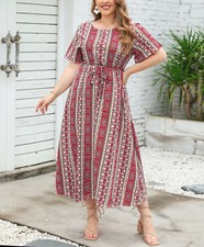 Women's Summer Round Neck Short Sleeve Print Tie Front  Long Dress Plus Size