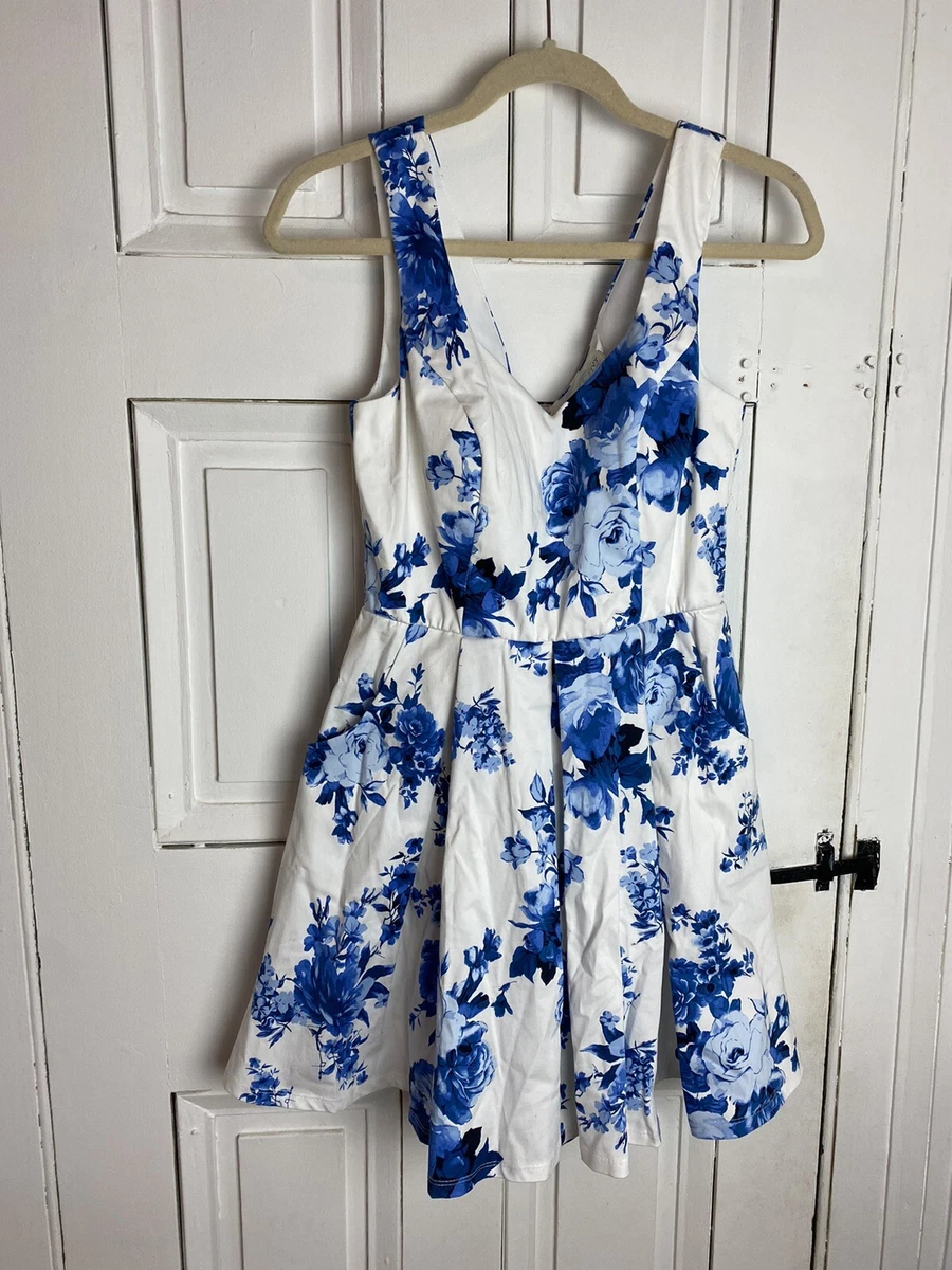 white dress with blue flowers