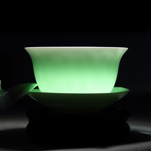 Longquan Porcelain Gaiwan Chinese Green Solid Color Tureen Handpainted Floral - Picture 2 of 17