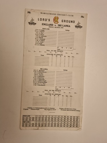 1999 World Cup Cricket Scorecards England v Sri Lanka - Lord's Ground 14th May - Picture 3 of 4